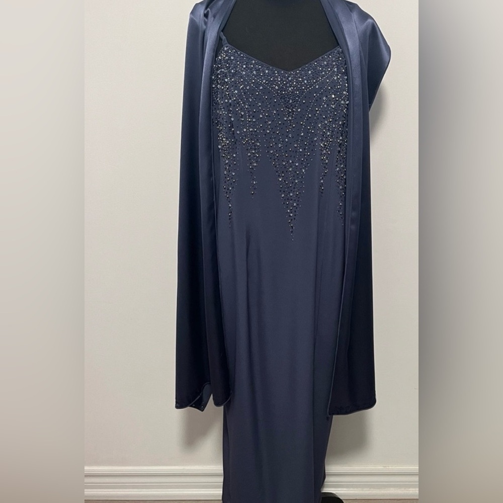 Obsessions Couture Navy Beaded Evening Dress w/Shawl | Made in Canada - Picture 3 of 6